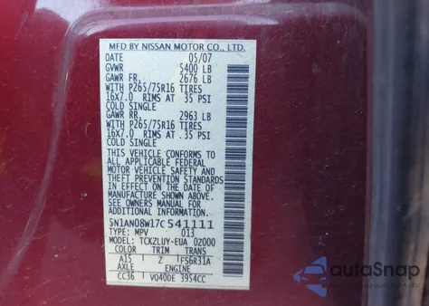 2007 Nissan Xterra Off Road z USA, uszkodzony, nr VIN 5N1AN08W17C541111